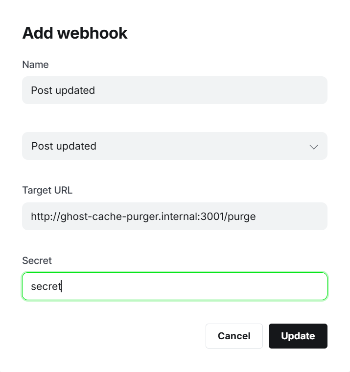Ghost webhook setup using Docker internal network alias